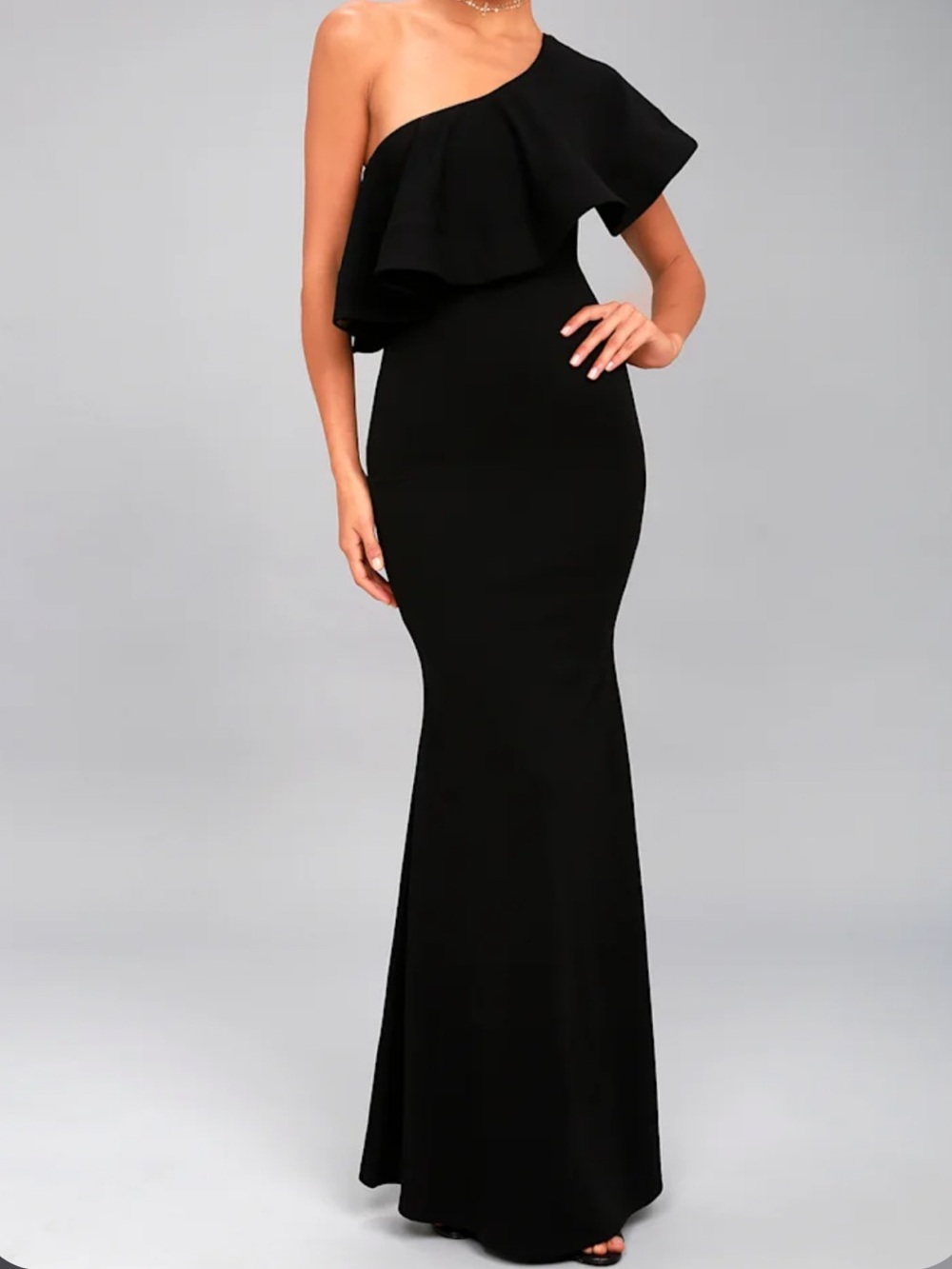 Lulu's Black So Amazed One-Shoulder Ruffle Maxi Dress